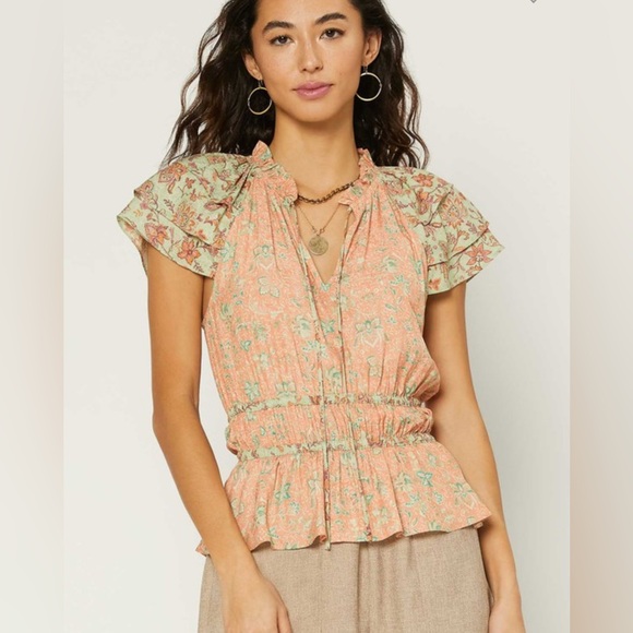 Current Air Tops - 463. Current Air Floral Ruffle Sleeve Top - Peach and Green